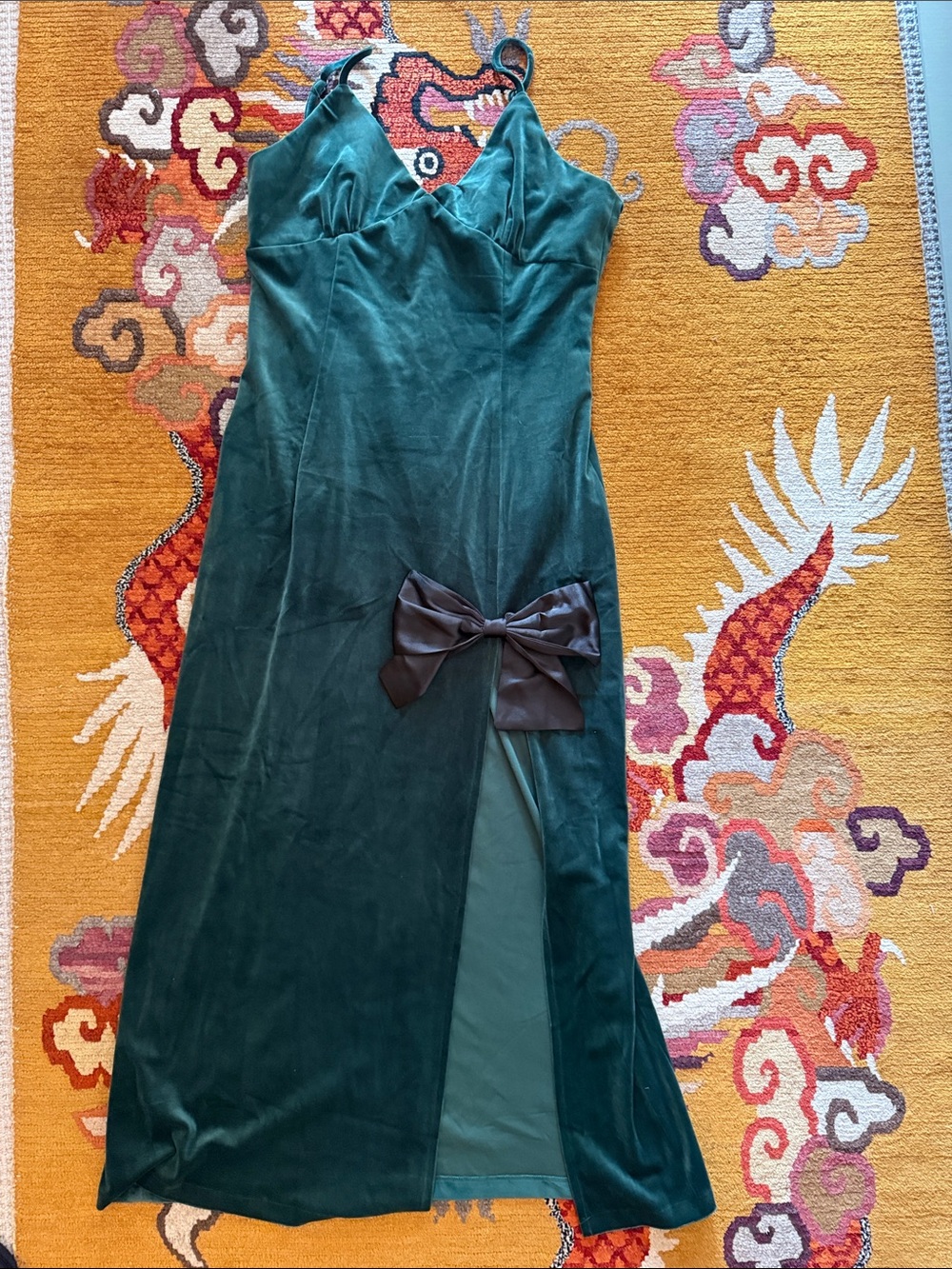 Sister Jane Emerald Green Velvet Slip Dress with Satin Bow size M+ 8
